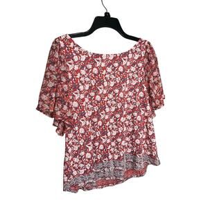Lucky Brand Floral Top Mixed Media Flutter Sleeve Cutout Back Red/White Size L